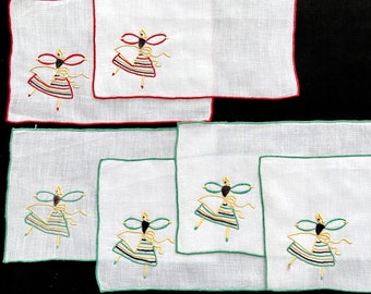 6 Marghab Dancer cocktail napkins, mid century vintage table linens, hand embroidered in Madeira, collectible textiles
