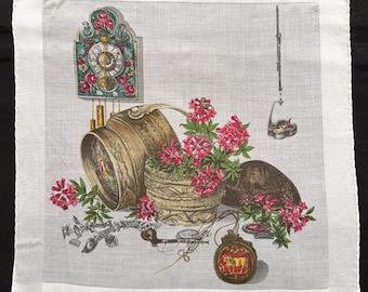 Vintage Handkerchief Alpine Print, Alpenrosen Flowers, Swiss Folk Art, Cowbell Clock
