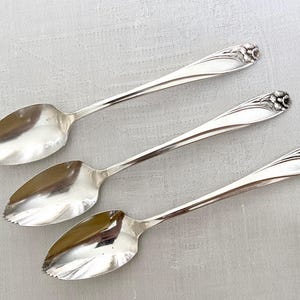 Peut inclure: Trois cuillères à pamplemousse argentées avec un motif floral sur le manche. Les cuillères ont un bord dentelé sur le bol pour faciliter la séparation des fruits. Les cuillères sont disposées sur une surface claire.