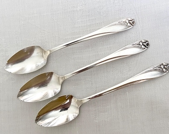 3 Daffodil fruit spoons with serrated tips by 1847 Rogers Bros, silverplate flatware, 1950s 1960s, silver plate, floral pattern silverware