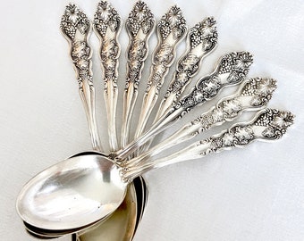 8 Moselle teaspoons antique silverplate by American Silver Co, ornate grapes and leaves, Art Nouveau style silver plate spoons, Pat 4-10-06