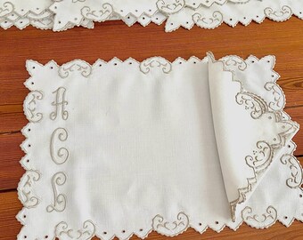 Cream linen placemats and matching napkins, set of 8 each, taupe hand embroidery from Madeira, triple monogram