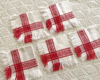 4 Turkey Red Linen Damask Napkins with Fringe, 14 Inches, Luncheon Size, Early 20th Century Vintage Table Linens