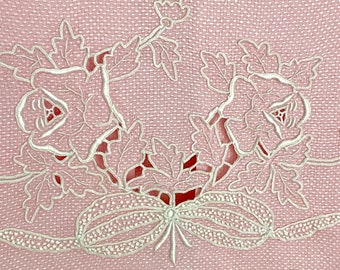 1920s bubblegum pink hand towel with white Madeira hand embroidery, exceptional needlework on birdseye cotton huck cloth, elegant cutwork