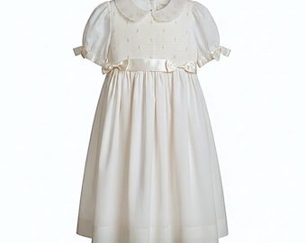 Girl's Dress Strasburg Lace Heirloom Collection, White Smocked, Size 5 Cotton, Tiny Pink Rosebuds