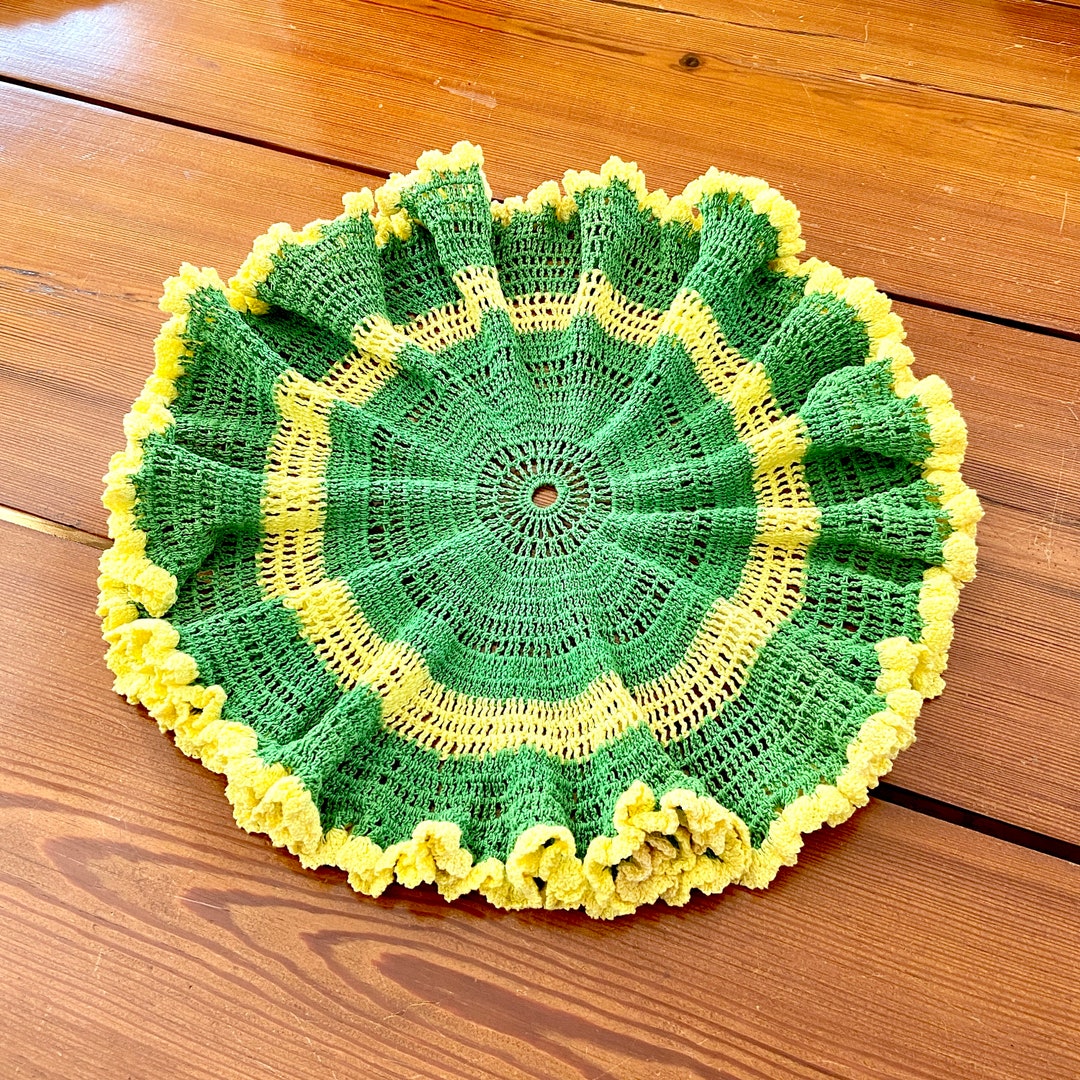 Ruffled Crochet Doily in Green and Yellow, 18 Inch Circle Table Coaster ...