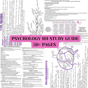 Könnte beinhalten: Ein farbenfroher Studienführer für einen Psychologie 101-Kurs mit einem rosafarbenen Titel und einem violetten Untertitel. Der Leitfaden enthält ein Diagramm eines Neurons, ein Gehirn mit verschiedenen beschrifteten Bereichen und Text über Schlaf, Bewusstsein und Lernen. Der Leitfaden umfasst über 50 Seiten.