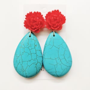 Flamenco Long Statement Turquoise Magnesite Earrings with Red Realistic Flower, Red Peony Dangles, Teardrops (Smaller version SOLD OUT)