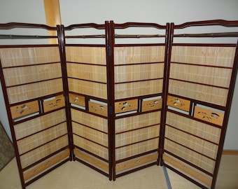 Large 71" Japanese Folding Screen, Wabi-Sabi Bamboo & Wood Room Divider, 4-Panel Byobu, Zen Aesthetic Home Decor, Vintage Masterpiece, Mint