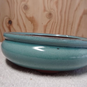 May include: A teal glazed ceramic bonsai pot with a rounded shape and a brown rim.