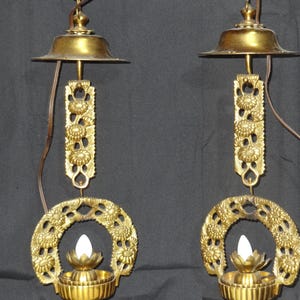 Vintage Japanese Buddhist Hanging Temple Lanterns Pair - Brass Electric Lotus Lamps for Altar Decoration 45cm