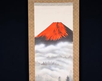 Vintage Japanese Hanging Scroll Aka Fuji Red Mount Fuji by Shuho, Signed Kakejiku Wall Art Painting with Original Tomobako Box, 184cm
