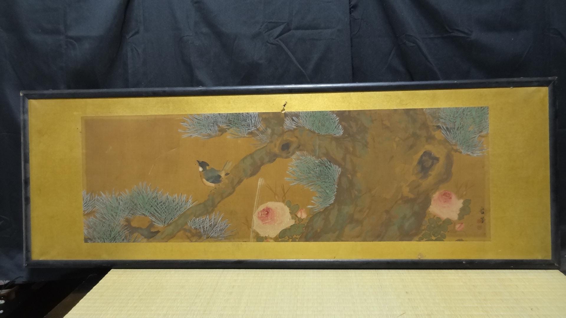 Antique Japanese Bird & Camellia Painting Framed Panel, Signed Nihonga Artwork, Gold Background Wall Art, Wabi Sabi Decor, One of a Kind