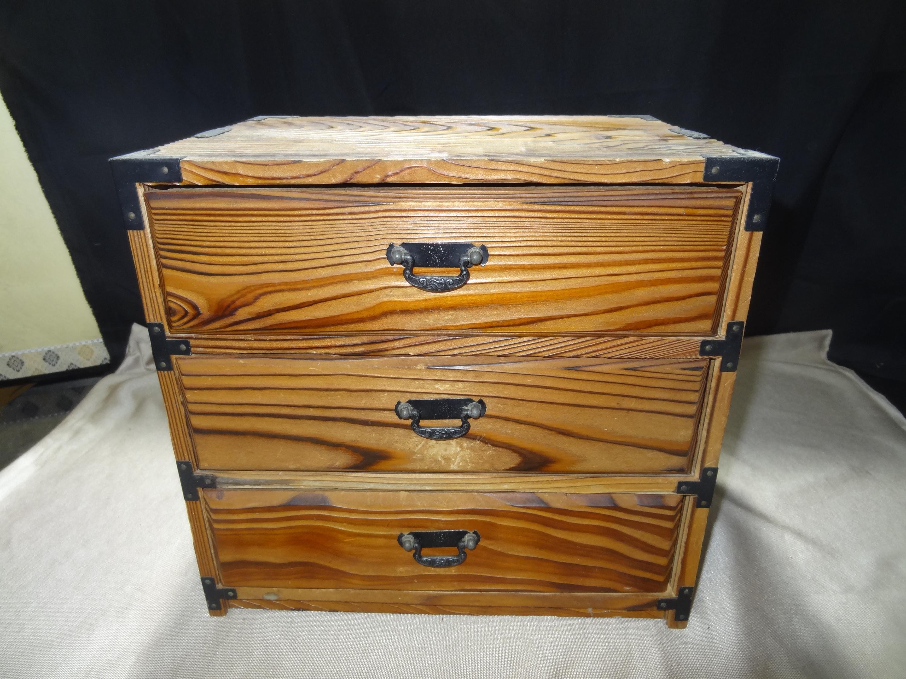 Japanese Wooden 3-Drawer Chest Box | Tansu Style Vintage Storage 