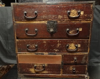 Wabi Sabi Antique Japanese Tansu Chest Wooden Side Table Primitive Storage Box, Aged Patina Merchant Drawer, Japandi Nightstand Zen Decor
