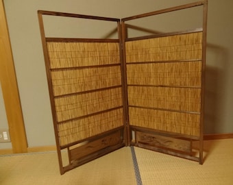 Unused Japanese Bamboo Folding Screen 2 Panel Room Divider, Luxury Japandi Wooden Tabletop Shuji Shise, Zen Wabi Sabi Home Decor Mint 41"