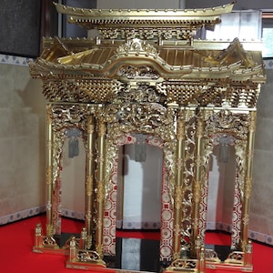 Japanese Buddhist Altar Palace Kuden for Jodo Shinshu Butsudan 72x30x78cm - Gold Leaf Finish, Handcrafted Temple Architecture