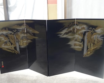 Exquisite Suruga Maki-e Black Lacquer Folding Screen Set of 2 – Traditional Japanese Wood Byobu 80×75cm Mint Condition