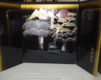 Luxury Japanese Wooden Byobu Folding Screen | Gold Maki-e Mountains & Pine | Four Panels | 104cm W x 65cm H
