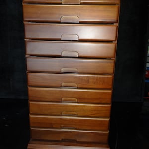 Puede incluir: Un mueble de cajones alto de madera con un acabado marrón medio cálido. El mueble tiene forma rectangular con múltiples cajones, cada uno con un tirador empotrado. La veta de la madera es visible, lo que añade a su estética natural.