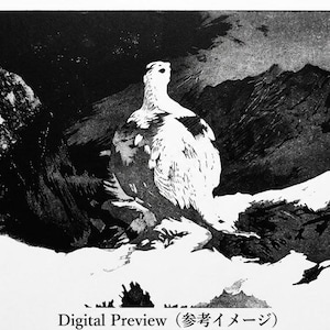 以下が含まれることがあります： 雪に覆われた山岳地帯と岩場に立つ鳥を描いたモノクロプリント。コントラストの強い質感が特徴で、下部には「Digital Preview (参考イメージ)」というテキストが記載されています。