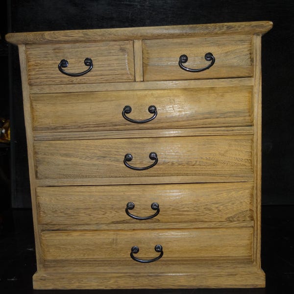 Vintage Japanese Natural Wood 5-Drawer Mini Chest, Desktop Tansu Storage Organizer, Rustic Zen Jewelry Box, Office Decor, 15" High, Mint