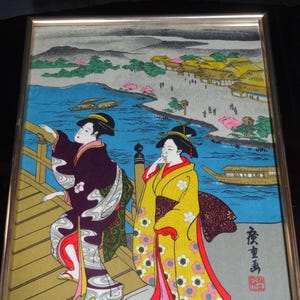 Ando Hiroshige Ukiyo-e sidenvävd konst – Inramad – 42×53×4 cm – Japanskt traditionellt hantverk