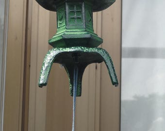 Vintage Japanese Cast Iron Temple Lantern Wind Chime Furin Garden Bell Zen Decor Unused Pagoda Style Hanging Ornament