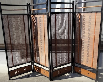 Vintage Japans kamerscherm met 4 panelen, gemaakt van bamboe en hout, geschikt als boho-zen interieur in mid-century stijl, H117cm x B160cm