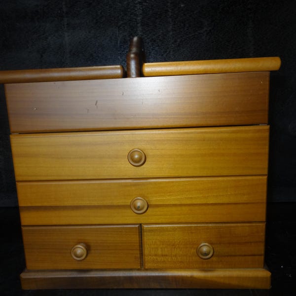Vintage Japanese Wooden Sewing Box, 4 Drawer Craft Storage Chest with Handle, Floral Interior, 33cm