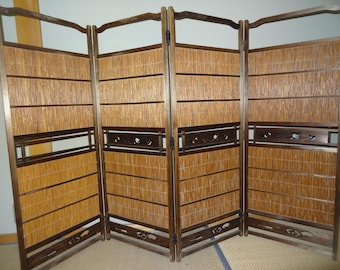 Biombo japonés grande de bambú Byobu, separador de ambientes de 4 paneles, tabique de estilo zen, interior wabi-sabi, muebles de bambú Japandi, 121 cm de alto x 180 cm de ancho.