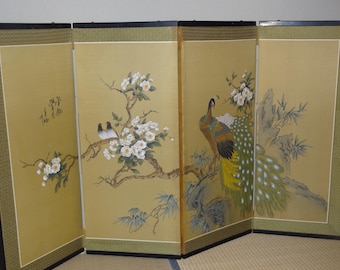Antique Japanese Byobu Folding Screen, 4-Panel Peacocks & Peonies Gold, Vintage Room Divider Asian Wall Decor 61", AS IS Wabi Sabi