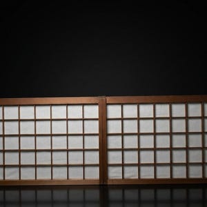 Op de afbeelding: Twee houten schermen met een rasterpatroon. De frames zijn warmbruin van kleur en het raster bestaat uit dunne, donkerbruine lijnen. De achtergrond van het raster is een wit, doorschijnend materiaal. De schermen worden tegen een zwarte achtergrond weergegeven.