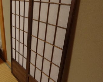 Vintage Japanese Shoji Screen Panels Set of 2, Traditional Washi Paper Sliding Door, Wooden Lattice Interior Decor, Japandi Style