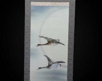 Vintage Japanese Hanging Scroll Geese and Moon by Takagi Shunseki Silk Painting Signed Kakejiku