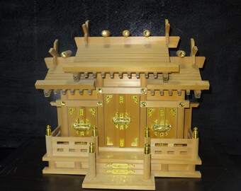 Vintage Japanese Kamidana Shinto Shrine Altar, Sanja-Zukuri Triple Roof Style, Hinoki Wood Miniature Shrine for Home Protection, Excellent