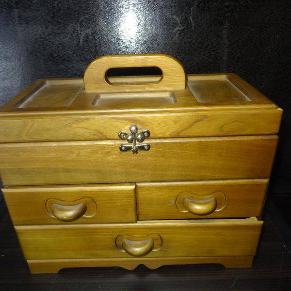 Vintage Japanese Wooden Sewing Box 1950s Tansu Style Sewing Chest with Original Sewing Tools Retro Craft Storage