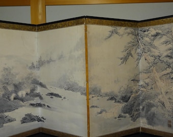 Vintage Japanese 4 Panel Byobu Folding Screen Ink Landscape Painting Pine Tree Signed 187cm