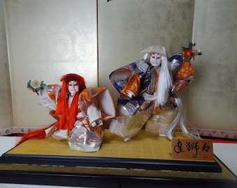 Japanese Kabuki Renjishi Pair Dolls Traditional Lion Dance Figures 63×32×H38cm Handmade Display Art Collectible Japan Good condition