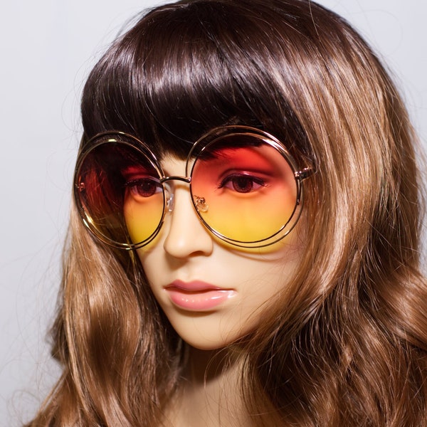 Retro Oversized Round Gold Wire Frame Pink Sunglasses | 60s 70s Vintage Inspired