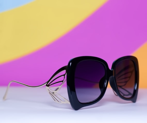 70s Flutter Retro Black Oversized Butterfly Sunglasses Vintage 70s