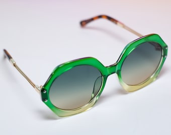 Retro Green Octagon Frame Round Lens Sunglasses Vintage 60s Inspired
