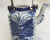 Vintage Blue White Retro Asian Chinese Japanese Butterfly Brass Porcelain Miniature Five Sided Teapot