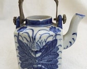 WINTER SALE half off Vintage Blue White Retro Asian Chinese Japanese Butterfly Brass Porcelain Miniature Five Sided Teapot