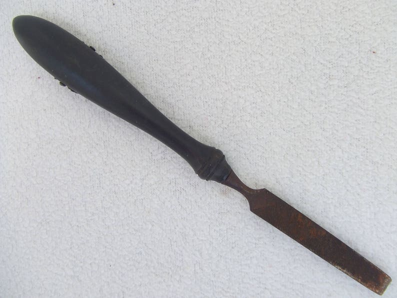 Antique Bronze Ebony Wood Ornate Tool File image 3