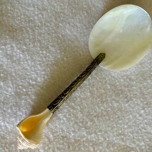 May include: A decorative spoon featuring a mother-of-pearl oval bowl and a detailed, dark gold-coloured handle. The handle ends with a natural seashell. The spoon is likely for serving or display.