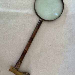 Antique 19th C Victorian Gold Plated Brass Bamboo Horn Table Curioisity Magnifying Glass