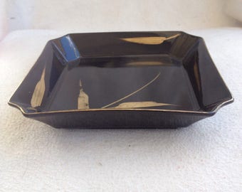 Vintage Retro Fitz and Floyd Bamboo Noir Black Gilt Palm Beach Pottery Dish Tray