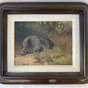 Antique Artist Signed Oil Painting Wild Boar Pig Jungle Tiger Art