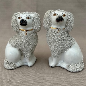 Pair of Antique 19th Century Staffordshire Confetti Spaniel Poodle Porcelain Mantle Dogs